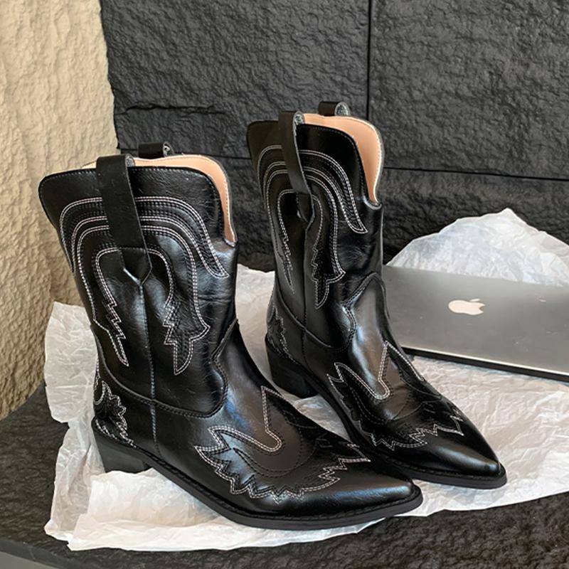 Мода осень зима 2024 ковбойские сапоги в стиле вестерн женские сапоги с вышивкой мотоциклетные сапоги из искусственной кожи до середины голени 35-40