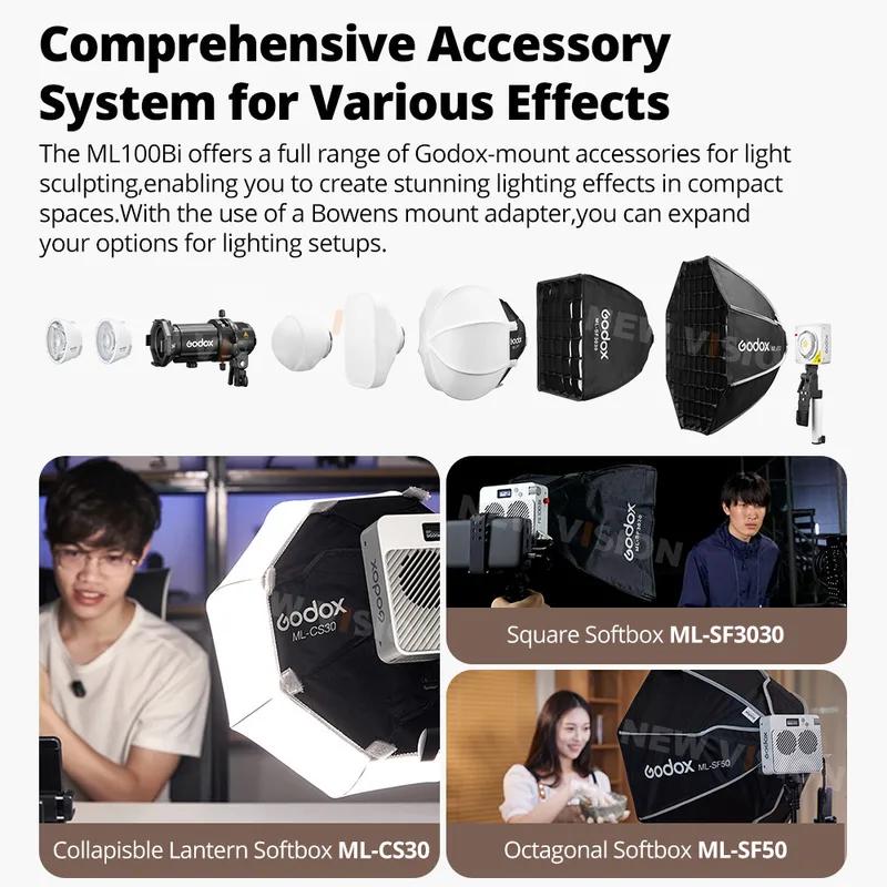 Godox ML100Bi Двухцветная светодиодная лампа для видеосъемки с управлением через приложение и встроенной мощностью 120 Вт для записи потокового вещания на открытом воздухе