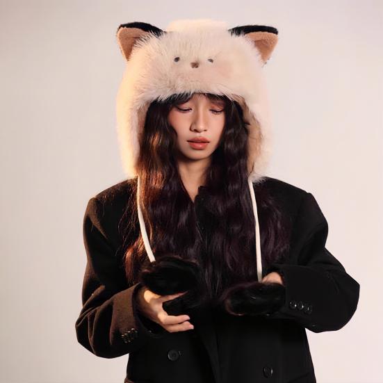 Women Hat Knitted Windproof Warm Winter Lei Feng Hat Cartoon Cat Shape Elastic Solid Color Thermal Cap