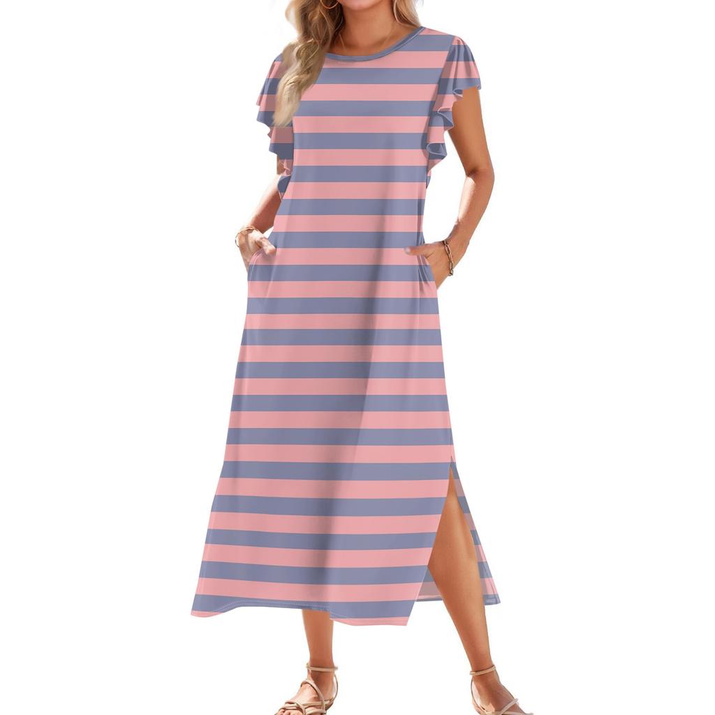 Женское модное летнее повседневное пляжное платье с плиссированными рукавами, свободными полосатыми короткими рукавами, круглыми завязками и карманами