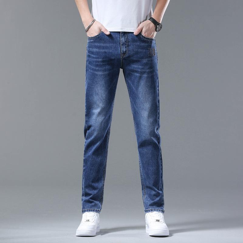 High-end Men's Jeans Dark Blue Abrasive White Tide Soft Breathable Men's Slim Thin Casual Straight Trousers Male
