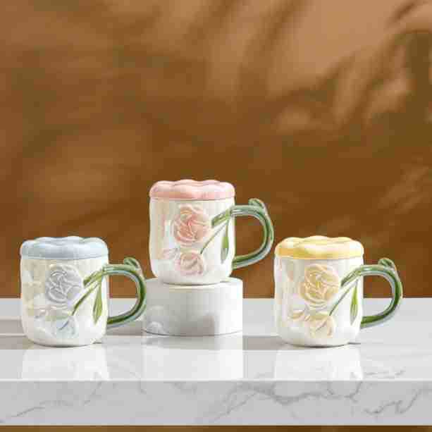 New Product Pearlescent Glazed Ceramic Cup with Lid Flower Mug High Value Household Set Water Cup Office Girls Cup