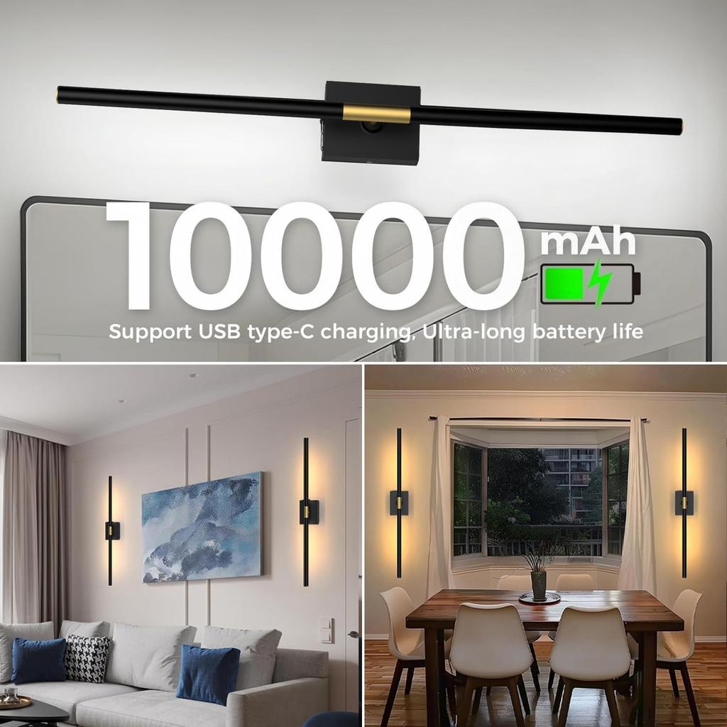 iThird Battery Operated Wall Sconces Set of 2, 10000mAh, Black | Detachable rechargeable battery, 31.5" wireless lighting for TV wall mirror bedroom