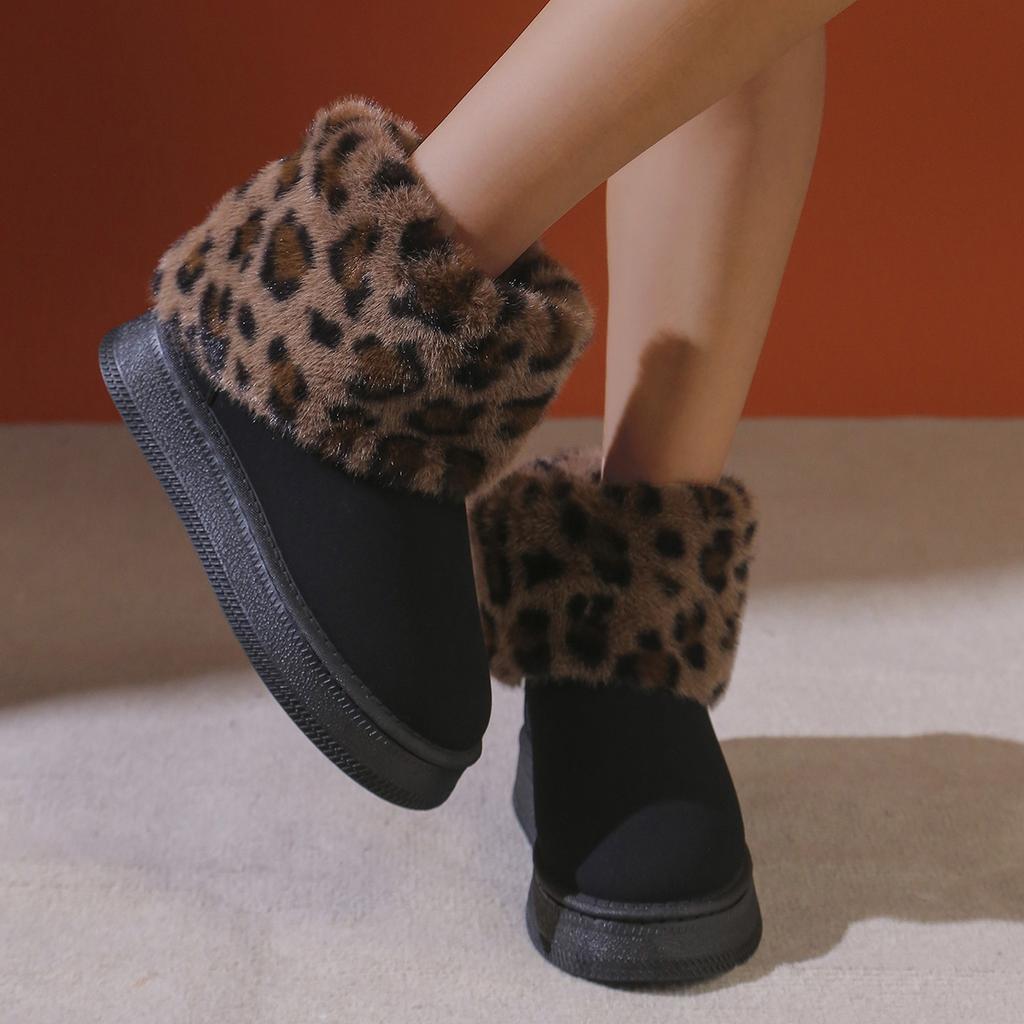 Leopard Women Ankle Snow Boots Fur Suede Fashion Platform Warm Shoes Winter Short Plush Goth Boots Casual Chaussure Femme