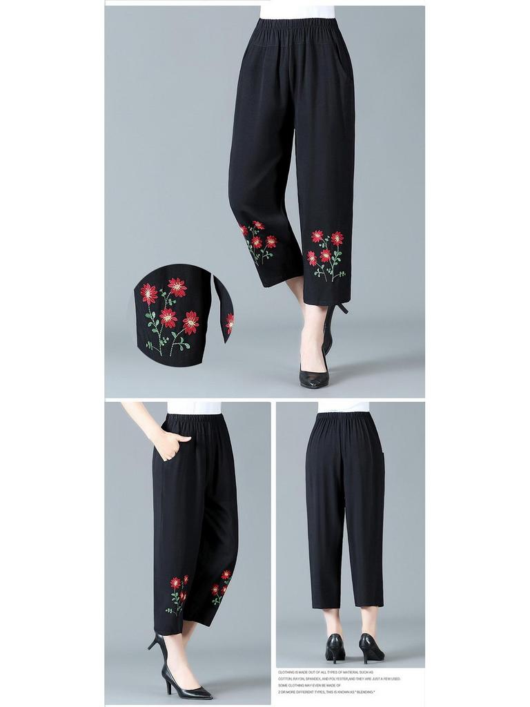 Летние вышитые хлопково-льняные брюки для мамы - Дышащие, повседневного кроя для женщин