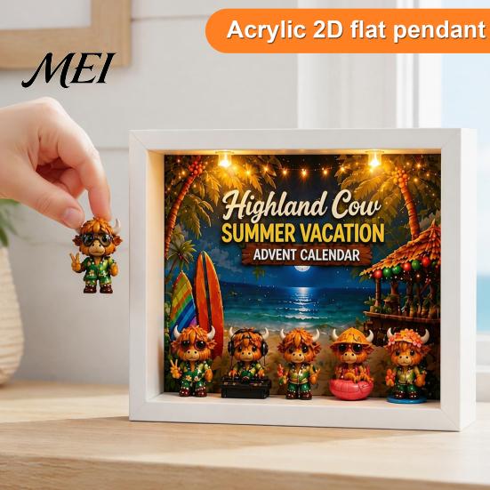 Aerospace Highland Cow Figurines Summer Vacation Advent Calendar 2026, 24 Days Mini Cattle Camping Theme Collectible Toys Countdown with LED