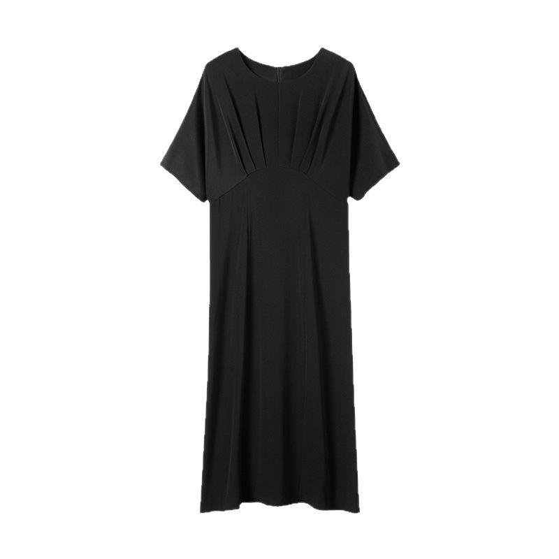 Women's Short Sleeve Real Silk Dress - Loose Fit, Solid Color, Round Neck, Long Length