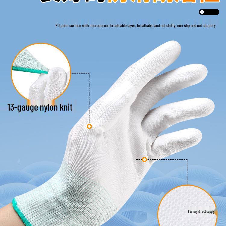 PU Coated White Nylon Gloves with Dipped Fingers - Anti-Static, Dust-Free, Wear-Resistant for Electronics