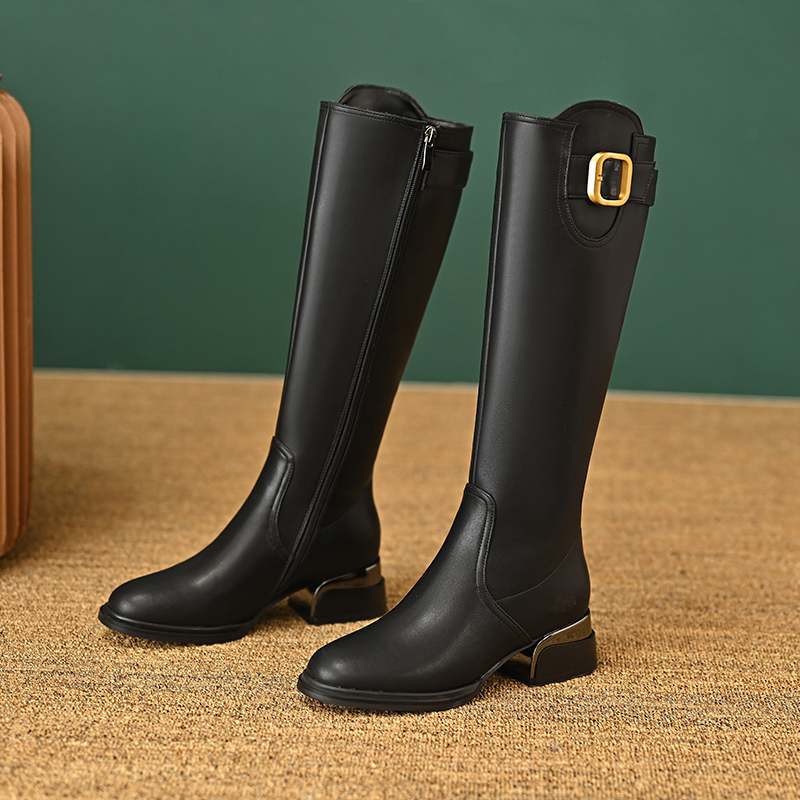 Krazing Pot Осенне-зимняя обувь из коровьей кожи на толстом среднем каблуке, большой размер 45, размер 44, размер 46, металлические пряжки, женские теплые сапоги до колена