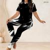 Women Plus Size Two Piece Pant Set Round Neck Short Sleeve Black White Printed Long Top Fitted Pants