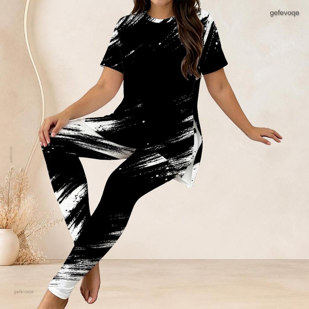 Women Plus Size Two Piece Pant Set Round Neck Short Sleeve Black White Printed Long Top Fitted Pants