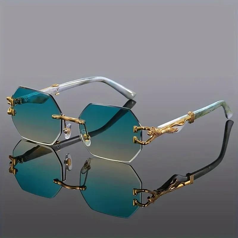 Trendy Unisex Polygonal Frameless Gradient Sunglasses Retro Wood Grain Leopard Leg Square Driving Glasses
