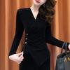 2025 New Autumn French V-neck Buttoned Waist Long-sleeved Velvet Elegant Women's Top