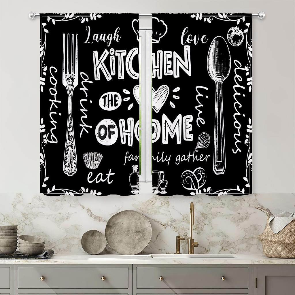 Retro Creative Print Curtain Kitchen Dining Room Living Decoration Curtains Set Of 2 Made Polyester With Rod Pocket Decor