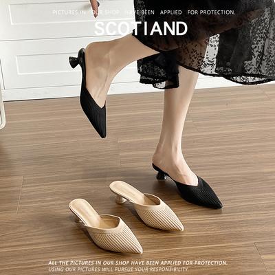 Вязаный острый носок, носящий тапочки на высоком каблуке, женский весенний новый универсальный на низком каблуке, на толстом каблуке, сумка на голову, повседневный, полу-шлепанцы