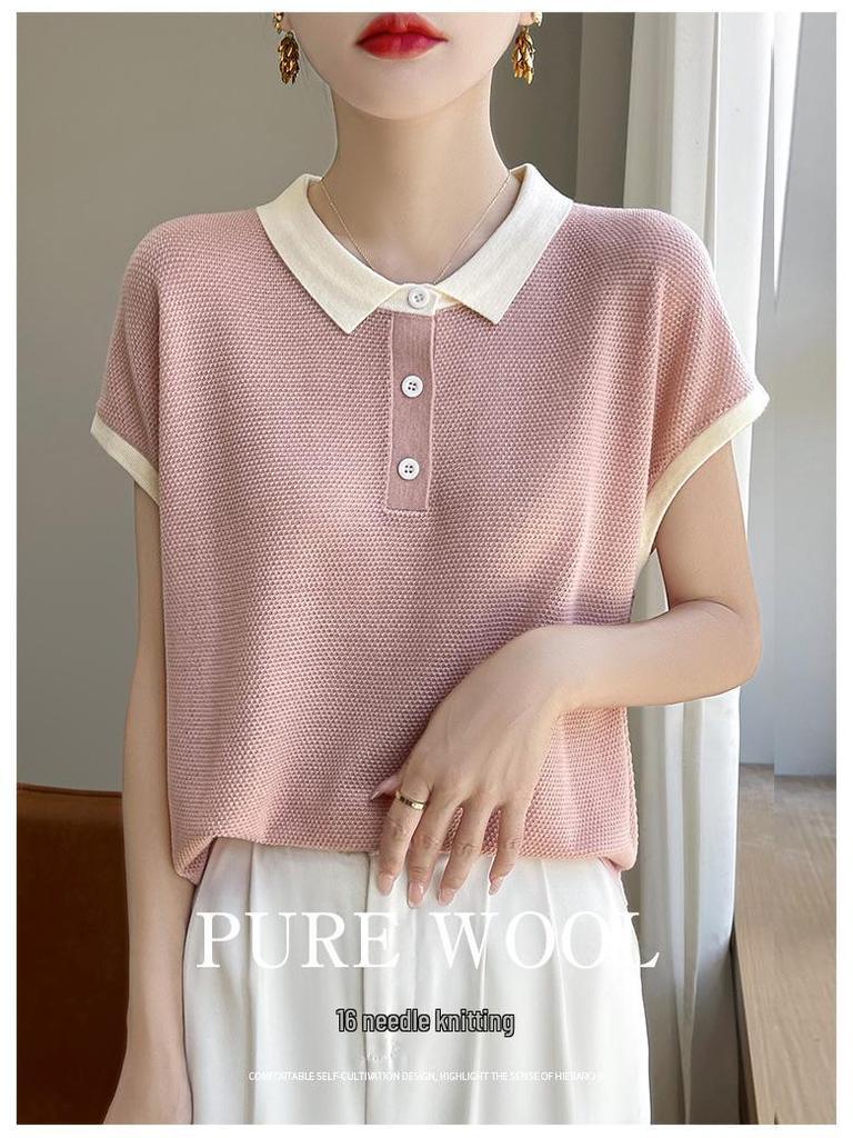 Женская футболка Tencel Colorblock Polo Collar с коротким рукавом и контрастным принтом – стильный, свободный, летний топ, который омолаживает