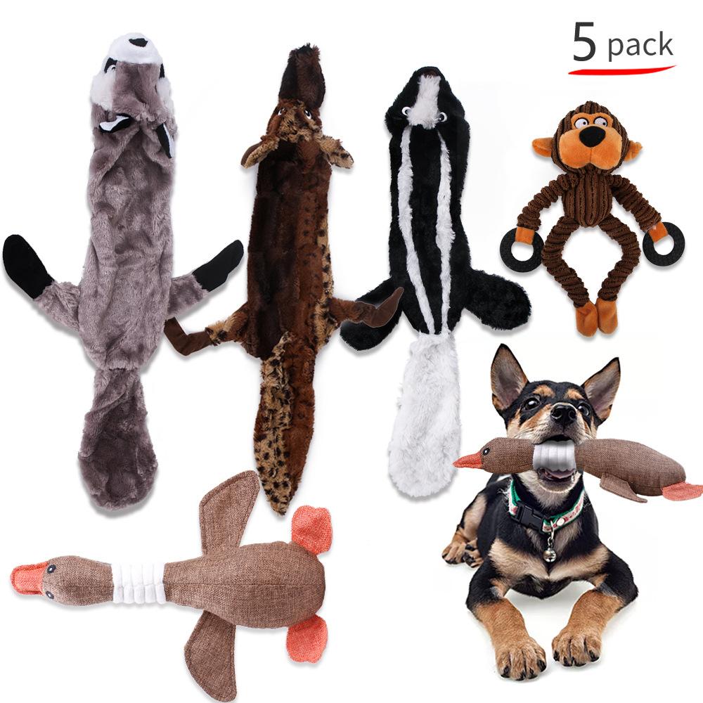 5 Pack Plush Dog Toys Skunk Raccoon Wolf Squeaky Dog Toys for Teething Soft Durable Interactive Dog Chew Toys for Puppies