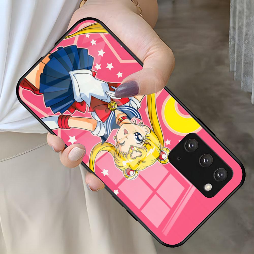 Чехол для телефона с аниме-персонажами S-Sailor M-Moon для Samsung S25 S24 FE S23 S22 S21 Plus S20 Ultra Note20Ultra Черная стеклянная крышка
