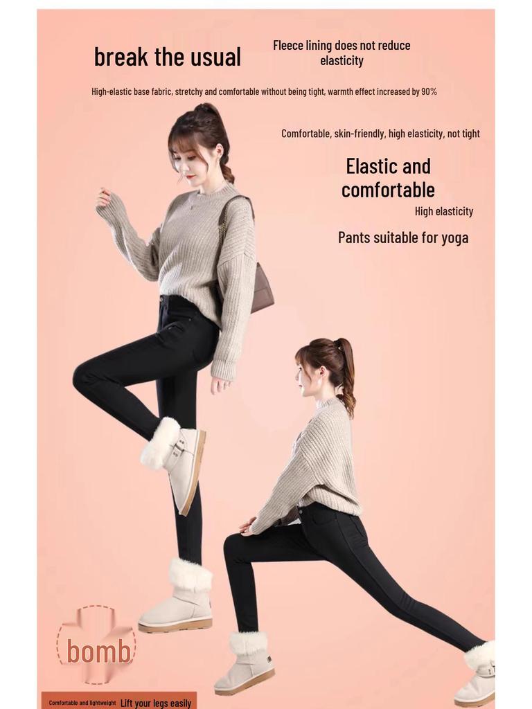 Женские зимние черные леггинсы на флисовой подкладке - Толстый хлопок из овечьей шерсти, Облегающий крой, Стиль осень/зима 2025