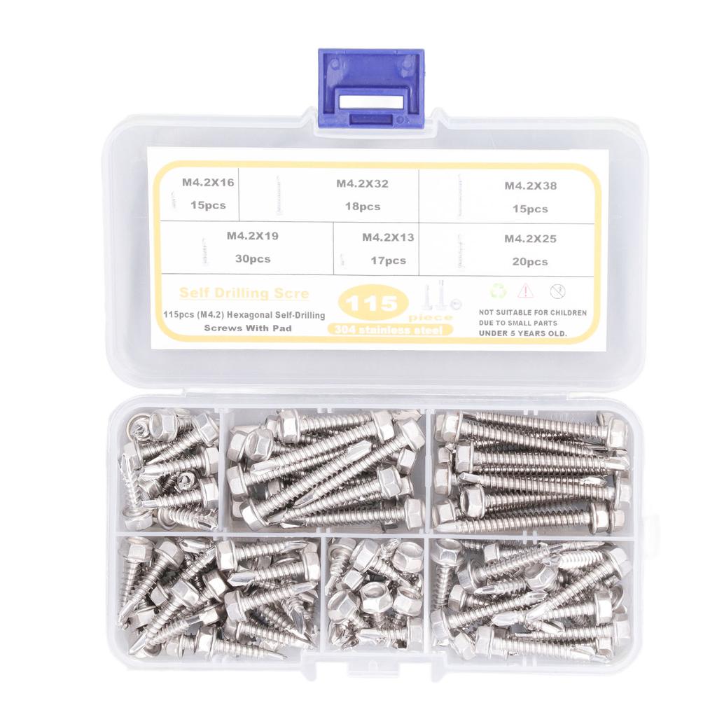 115 шт. Шестигранный самосверлящий винт M4.2 из нержавеющей стали 304 высокой твердости с шайбой для гаража
