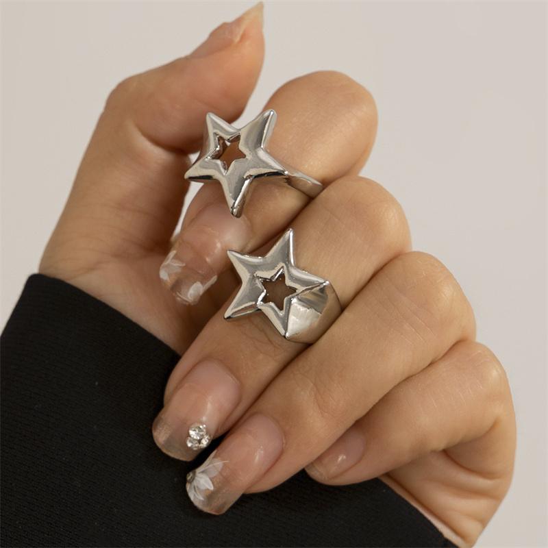 2Pcs/set Rings for Women Men Punk Five-Pointed Star Geometric Golden Silver Color Knuckle Jewelry Adjustable Ring Sets