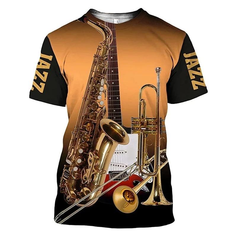 3D Print Saxophone Men Women T-shirts Summer Casual Short Sleeve Jazz Tshirts Streetwear O Neck Oversized Harajuku Y2k Kids Tops