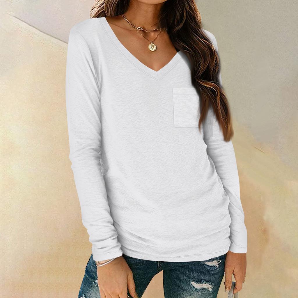 Women's Shirt V-Neck Casual Top With Pocket Fashion Solid Color Long Sleeve