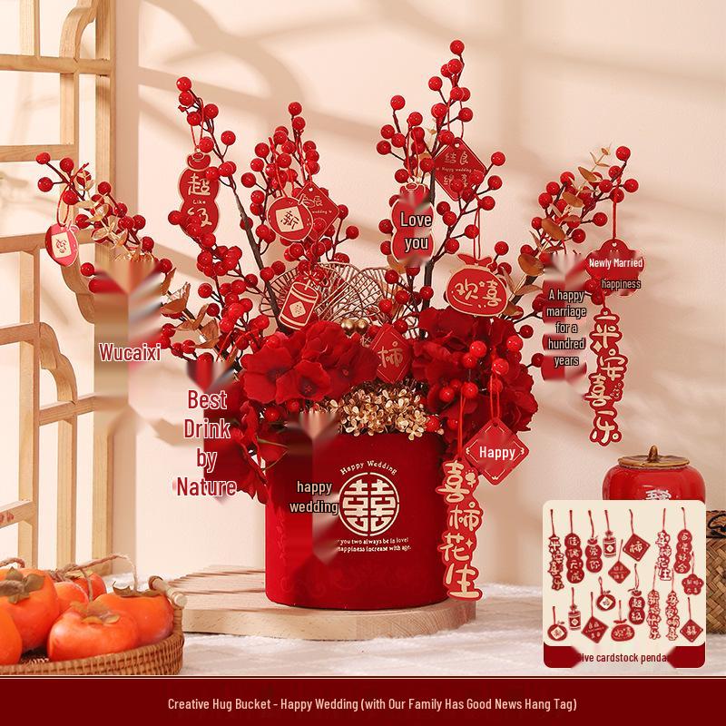 Engagement & Wedding Ornaments: Room Decor Bouquet & Double Happiness Bucket Set for Newlyweds - Ideal for Master Bedroom & Living Room.