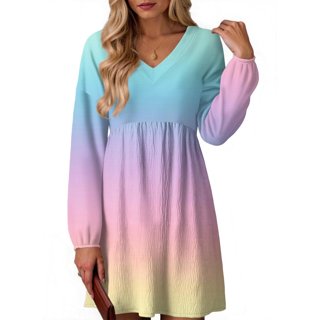 Women's Fashion Gradient V-Neck Long Sleeve Dress