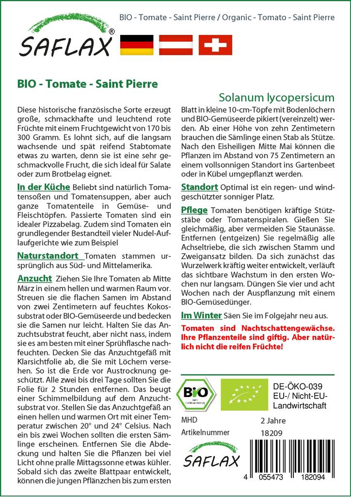 SAFLAX Garden in the Bag - Органический - Помидор - Saint Pierre - 15 семян - С субстратом в подходящем пакете-стойке - Solanum lycopersicum