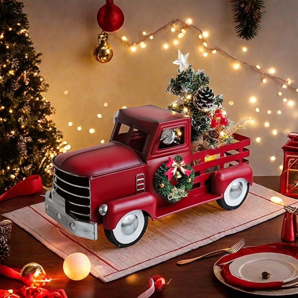 Vintage Christmas Red Truck Decoration, Warm White Twinkling Lights, Country Farmhouse Pickup Truck, Truck with Christmas Tree