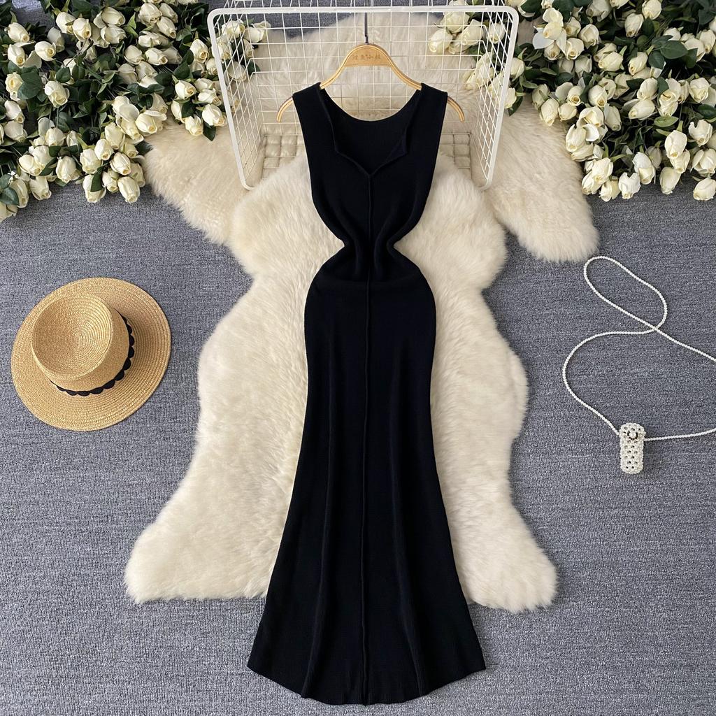 Foamlina Pure Color Knitting Dress для женщин Элегантный V-образный вырез без рукавов Летняя мода Тонкий вырез вечернее длинное платье