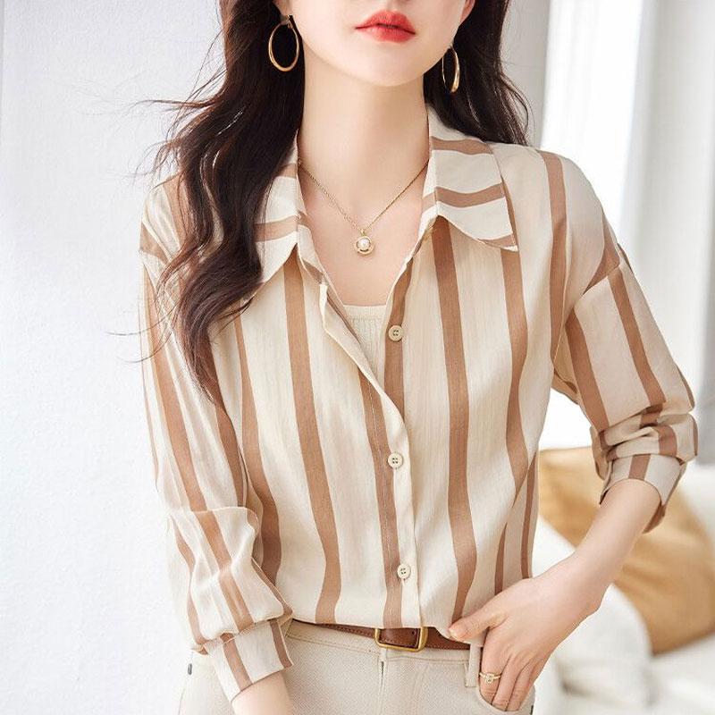 Commute Korean Striped Shirt Women's Clothing Casual Loose Single-breasted Spring Summer Fashion Polo-Neck All-match Blouse