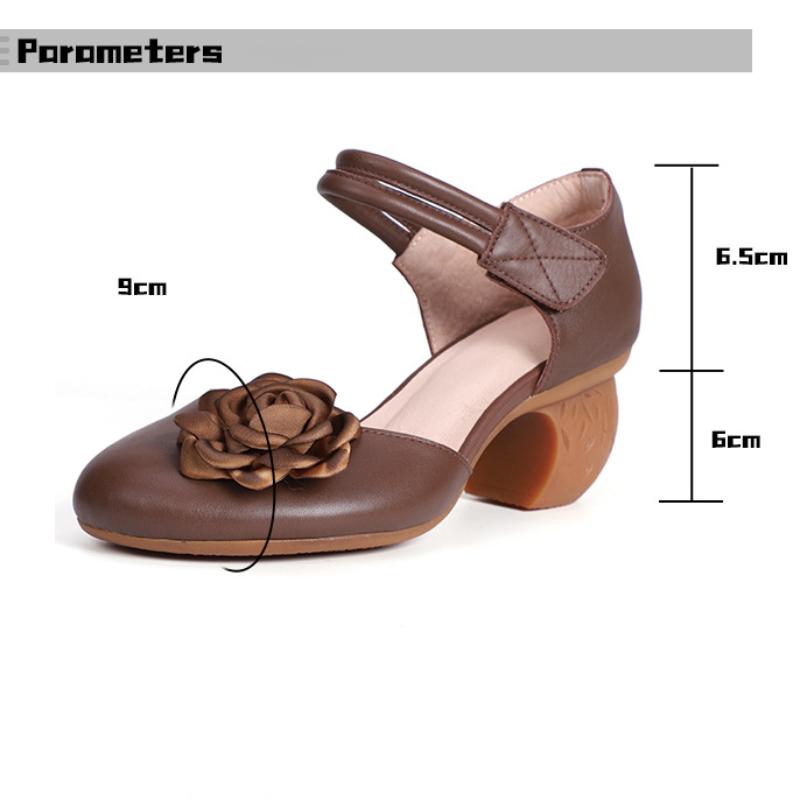 Johnature Универсальные сандалии из натуральной кожи с круглым носком на толстом каблуке в стиле ретро, ​​удобная женская обувь на высоком каблуке с цветочным принтом