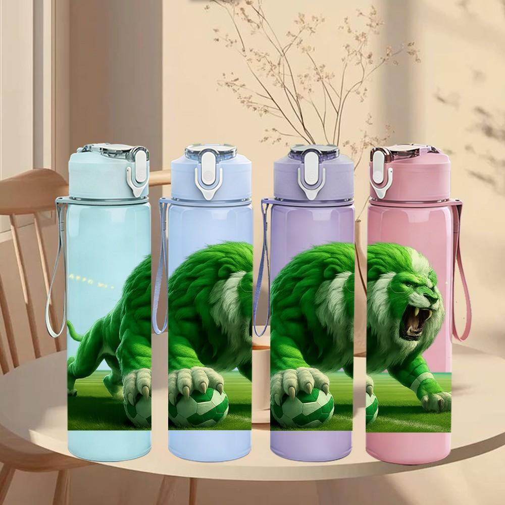 1PC Roaring Green Lion 750ml Color Plastic Sports Water Bottle Leakproof Flip Straw Lid Suitable for Sports Office Home Use