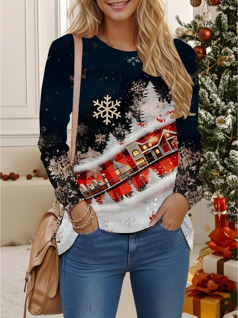 Tops for Women 3D Christmas Print Round Neck Long Sleeve T-shirt Fall Casual Slim Pullover Women's Long Sleeve Top