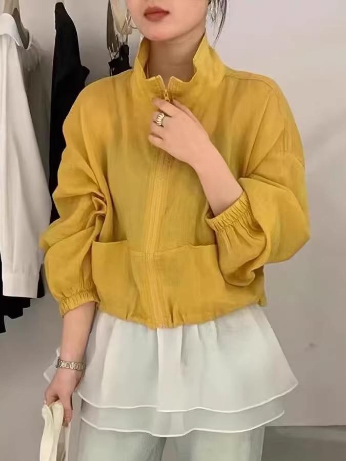 Женская куртка из рами в корейском стиле с воротником-стойкой на молнии - Весна/Лето 2025, Простой универсальный повседневный приталенный топ