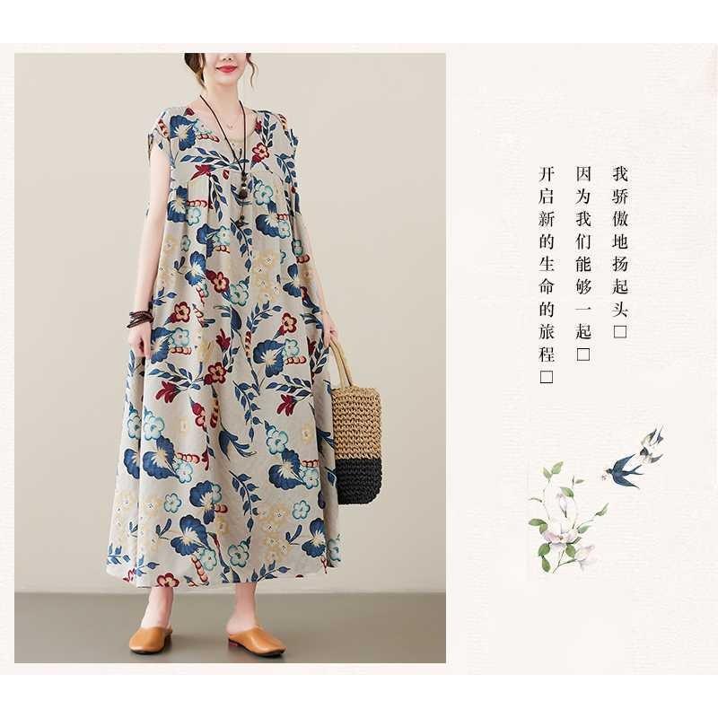 Новое литературное ретро платье большого размера свободное тонкое с короткими рукавами длинное женское