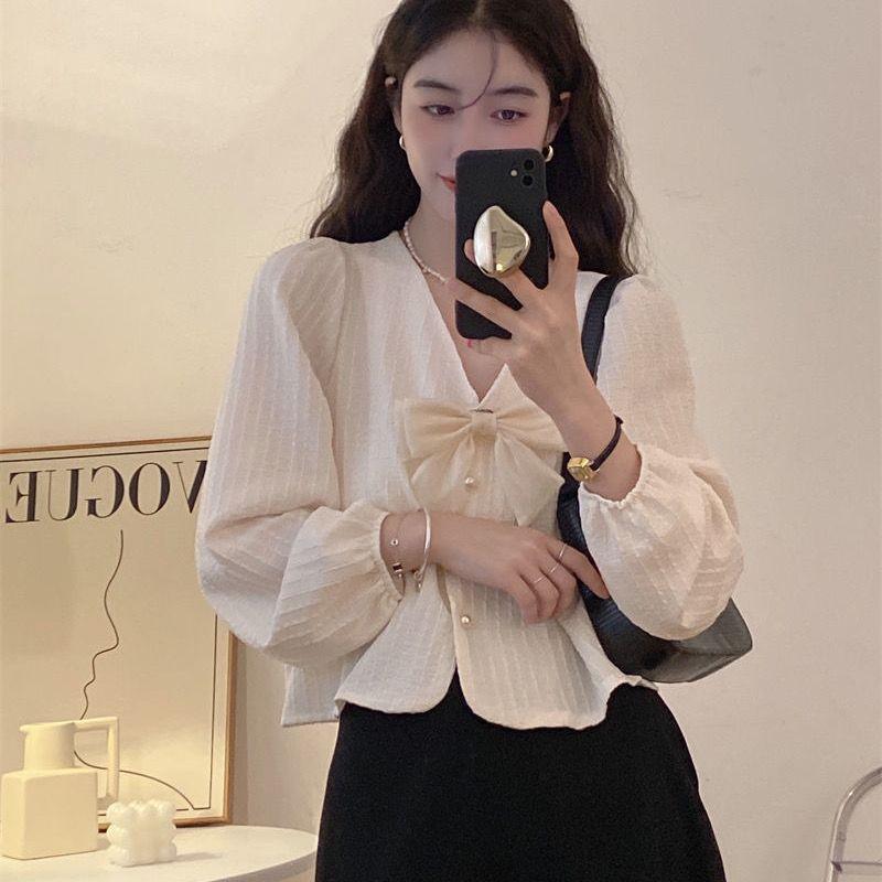 Розовая блузка с V-образным вырезом, пышными рукавами и бантом - Женский весенний топ в стиле French Chic