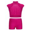 Girls Sleeveless Crop Top Shiny Rhinestones Cutout Design with V Front Waistband Shorts Dance Outfit