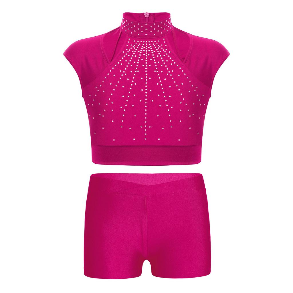 Girls Sleeveless Crop Top Shiny Rhinestones Cutout Design with V Front Waistband Shorts Dance Outfit