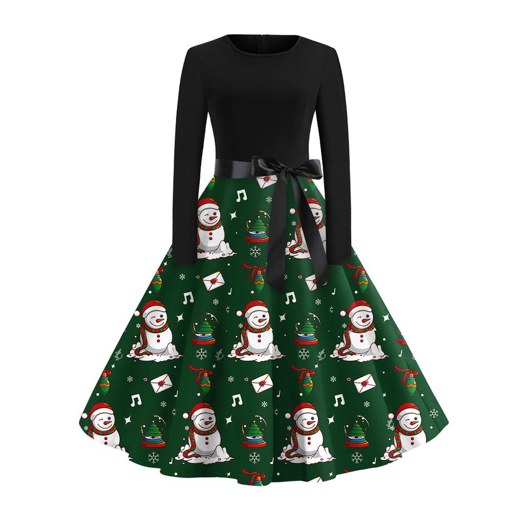 Рождественский принт расклешенное платье для женщин платье с длинным рукавом полые вечерние повседневные платья