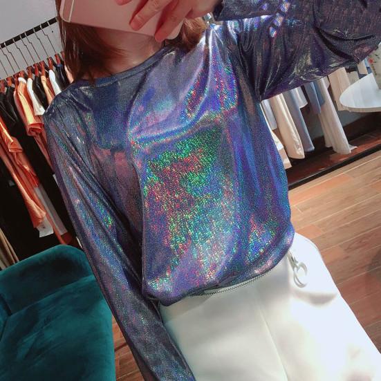 Женская Свободная футболка с длинными рукавами и блестками, украшенная блестящими светоотражающими буквами, футболка, круглый пуловер, топы