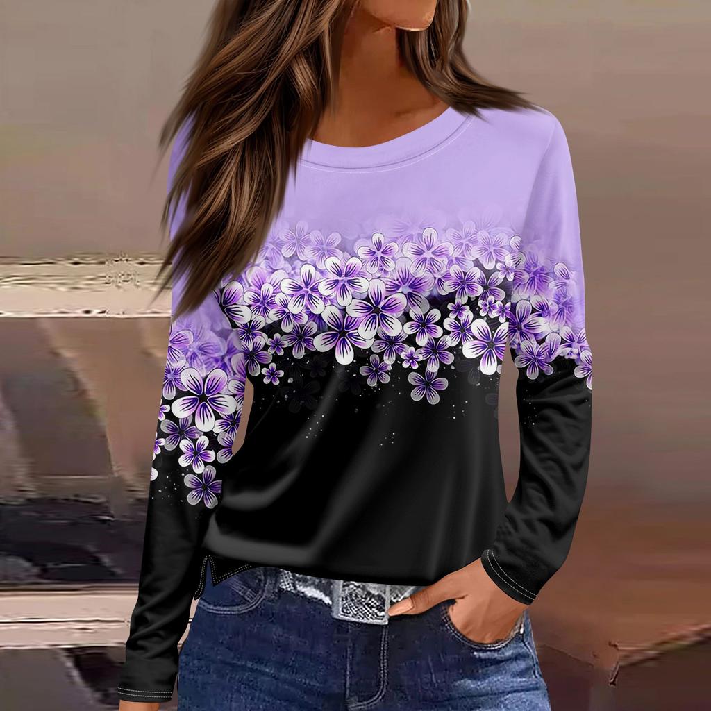 Women's Fashion Casual Slit Hem Round Neck Long Sleeve Loose  Printed T-Shirt Ladies Top