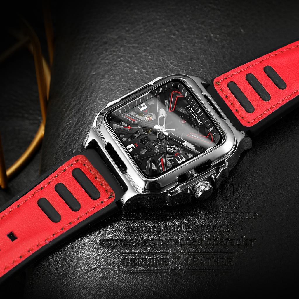 Luxury Square Transparent Skeleton Mens Watches Field Sports Rubber Band Mechanical Watch Luminous Waterproof Reloj Hombre 2024