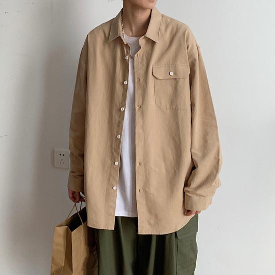 Мужская весенняя рубашка, свободный однобортный свободный отложной воротник с карманами, однотонный кардиган средней длины, повседневный мягкий дышащий мужской топ