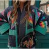 Stripe Printted Fashion Jacket Women Autumn Winter Long Sleeve V-neck Contrast Coats Casual Loose Street Parkas Overcoat