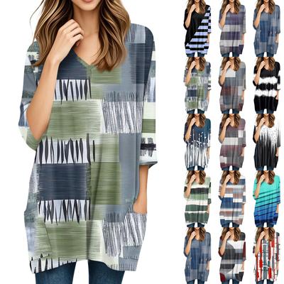 Женские топы с V-образным вырезом и рукавом 3/4 Блузки Повседневные рубашки средней длины Модные принты Туники Топы с карманами