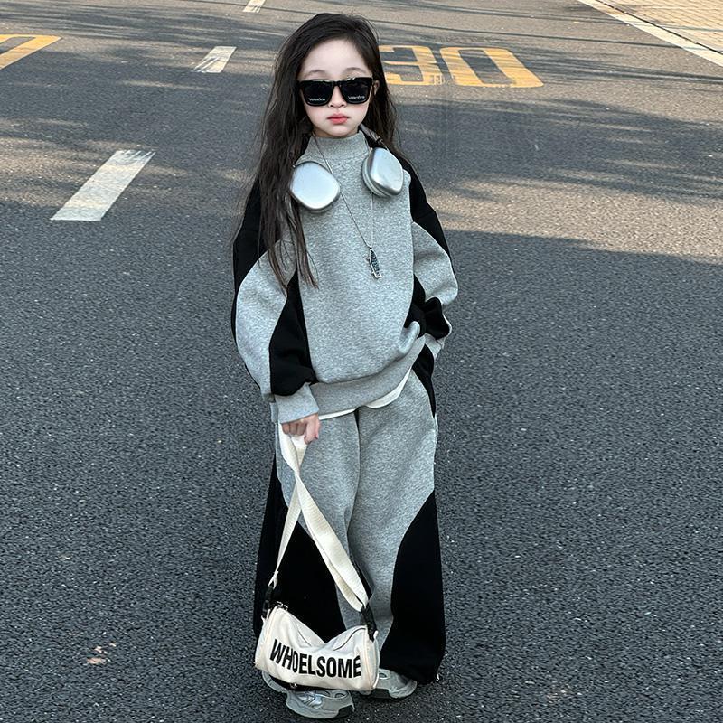 Autumn Winter Kid Girls Clothes Suit Child Patchwork Loose Sweatshirt T-shirt Top and Loose Pant Tracksuit