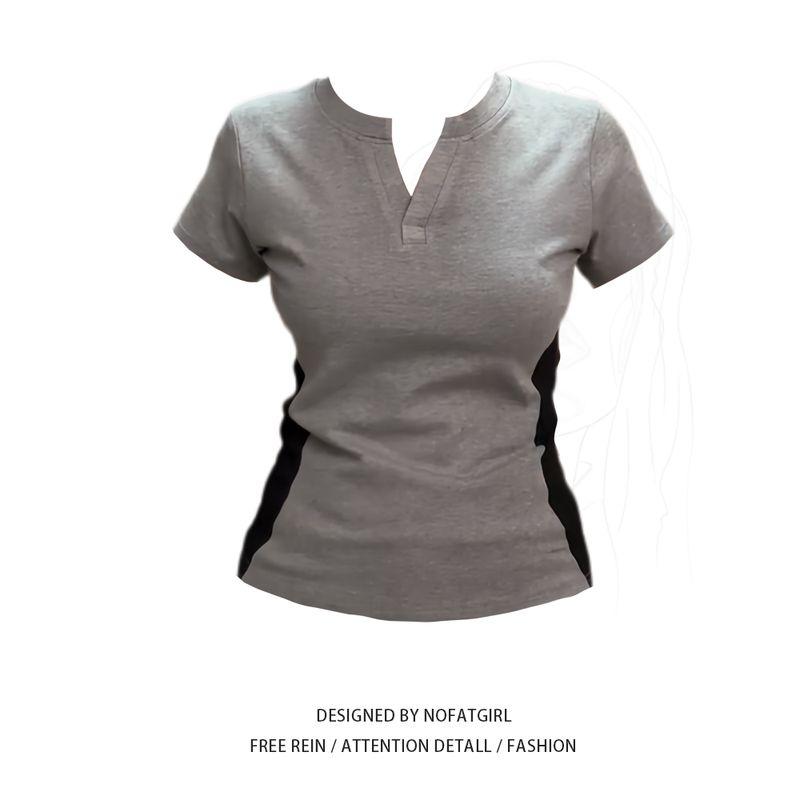 Plus size Chubby Girl Korean Series Contrast Color round Neck Short sleeve T-shirt Women Summer 2025 New Waist Hugging Slimming Design Sense Top